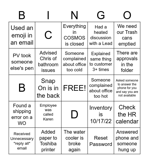 OFFICE Bingo Card