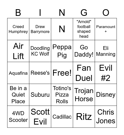 2025 Superbowl Bingo Card