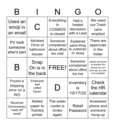 OFFICE Bingo Card
