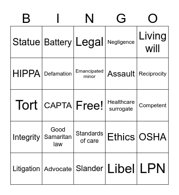 Nursing Term Bingo Card