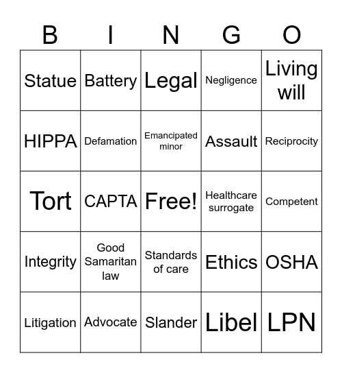 Nursing Term Bingo Card