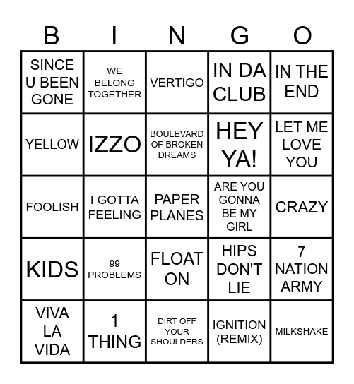 2000'S TOP HITS Bingo Card