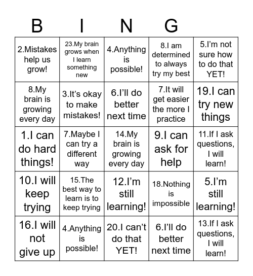 Growth Mindset Bingo! Bingo Card