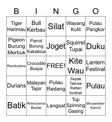 Animals in Malaysia Bingo Card