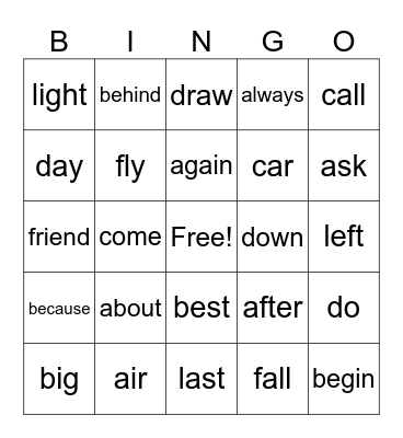 Sight words Bingo Card