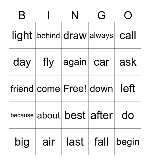Sight words Bingo Card