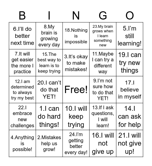 Growth Mindset Bingo! Bingo Card
