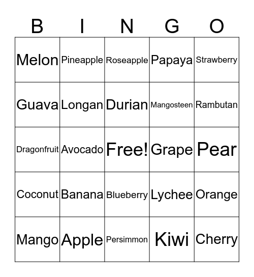 fruits Bingo Card