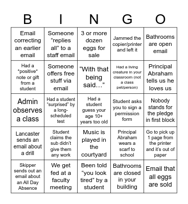 Teacher Bingo Card