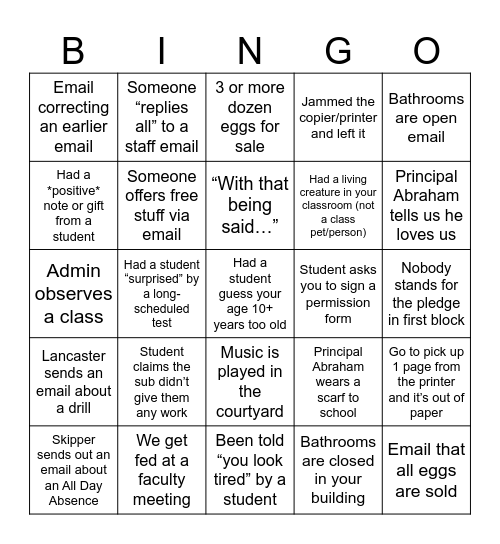 Teacher Bingo Card