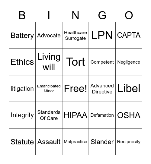 Nursing Terms Bingo Card