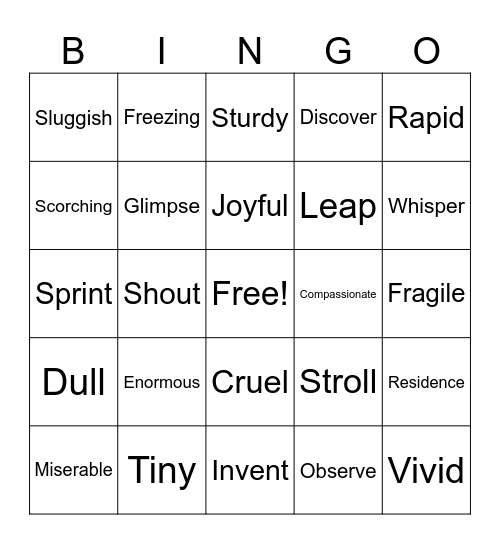Vocabulary Bingo! Bingo Card