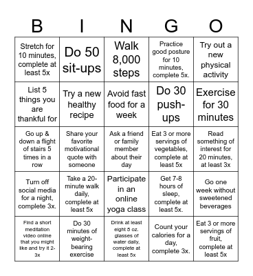 JANUARY WELLNESS Bingo Card