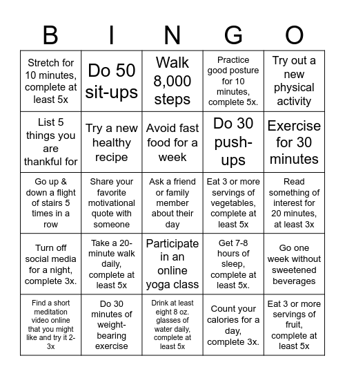 JANUARY WELLNESS Bingo Card