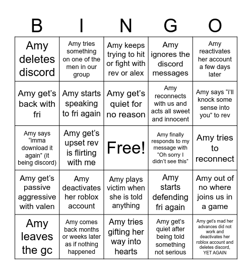 Amy bingo card Bingo Card