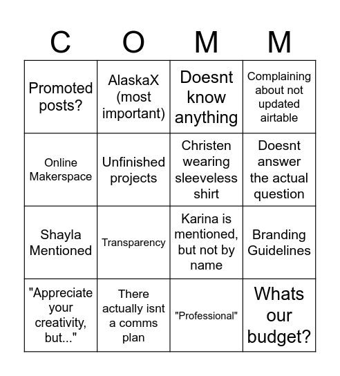 Predicting the Comms Meeting Bingo Card