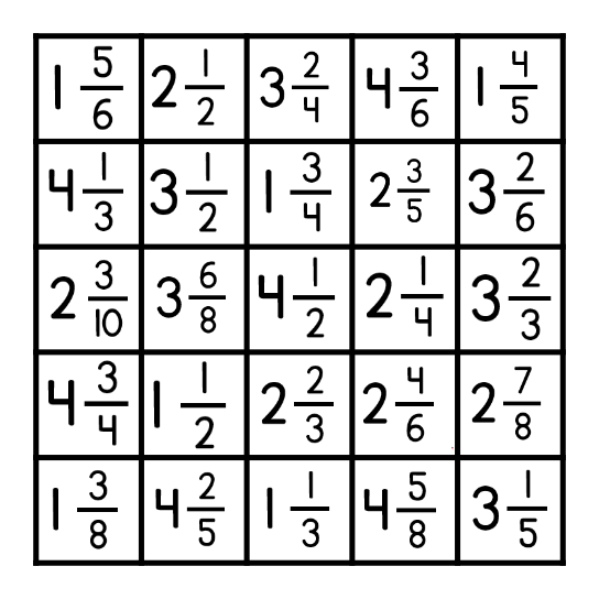 Mixed Number Bingo Card