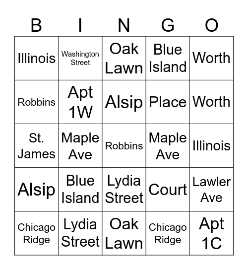 Where We Live Bingo Card