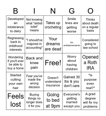 Quarter Life Crisis Bingo Card
