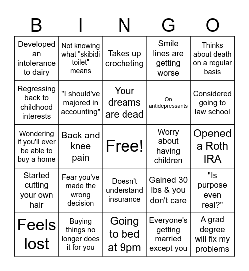 Quarter Life Crisis Bingo Card