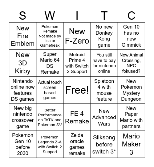 Switch 2 Bingo Card