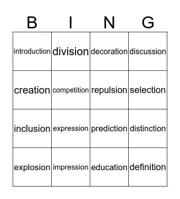 tion and ion words Bingo Card
