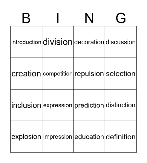 tion and ion words Bingo Card