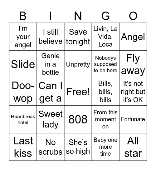 Top Songs of 1999 Bingo Card