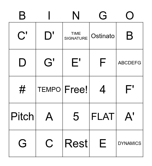 Treble Staff, Ledger Lines & Musical Terms Bingo Card