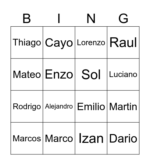 Baby Name Bingo Card