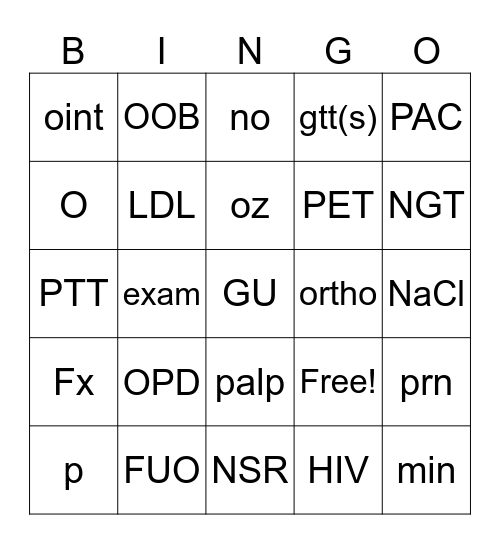 Medical Bingo Card