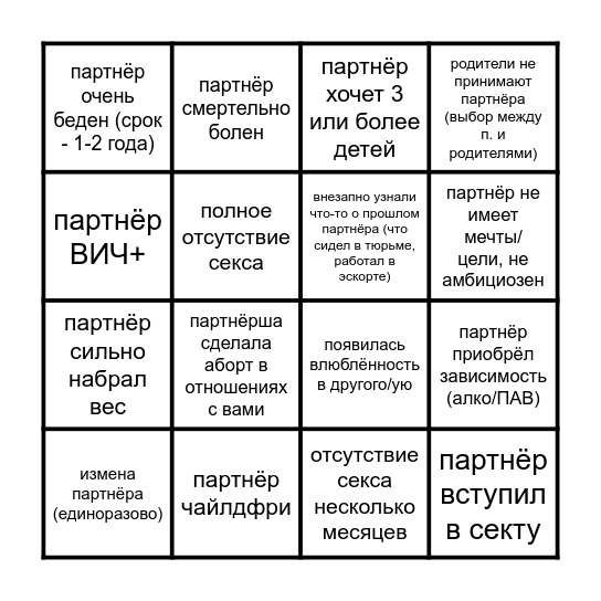 Из-за чего бы я расстался/лась Bingo Card