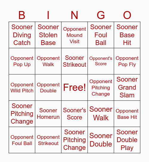 OU Baseball Bingo Card