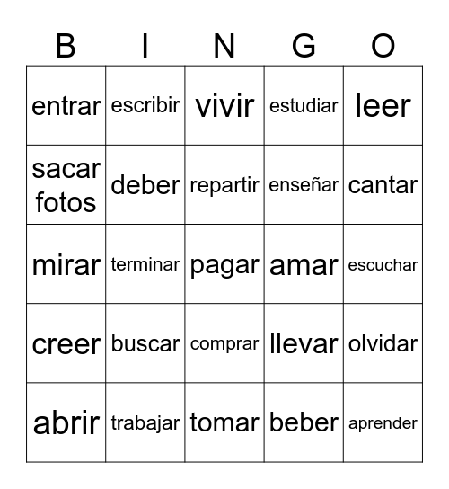Review Regular Verbs - Español II Bingo Card