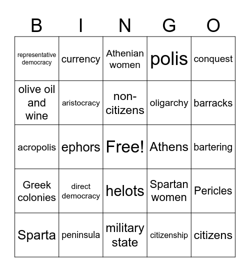 Ancient Greece Part I Bingo Card