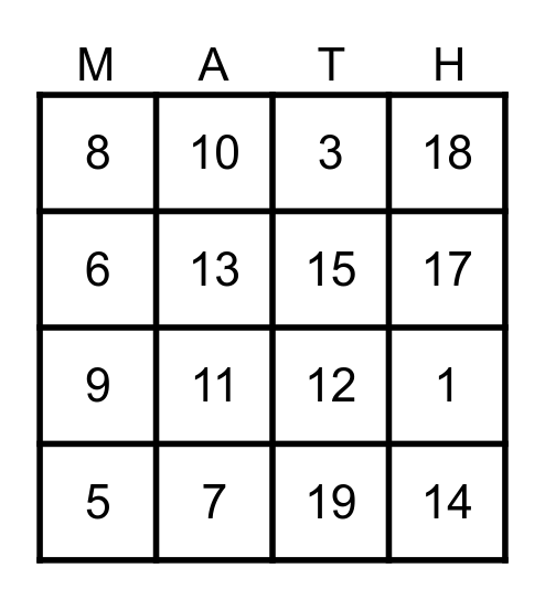 Addition Math Bingo Card