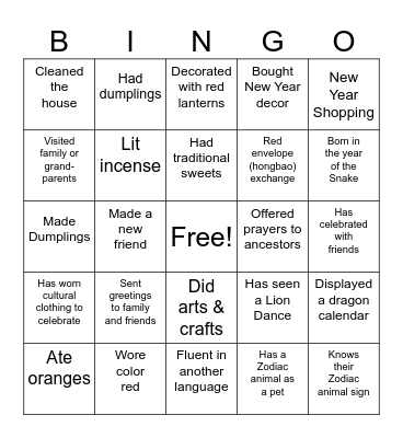 Lunar New Year Bingo Card