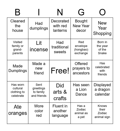 Lunar New Year Bingo Card