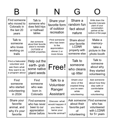 Larimer County Natural Resources Volunteers Bingo Card