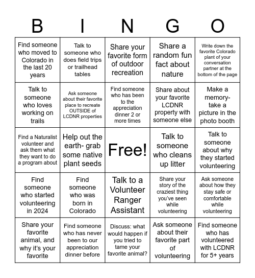 Larimer County Natural Resources Volunteers Bingo Card