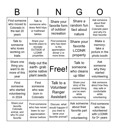 Larimer County Natural Resources Volunteers Bingo Card