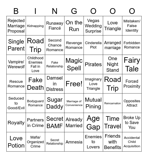 Romance Trope Bingo Card