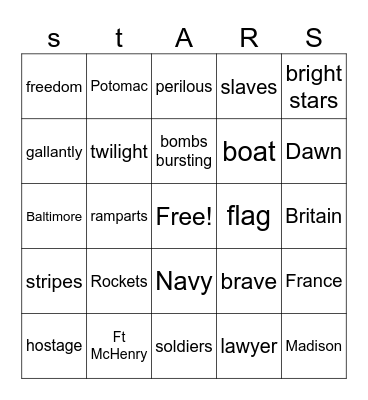 Star Spangled Banner Bingo Card