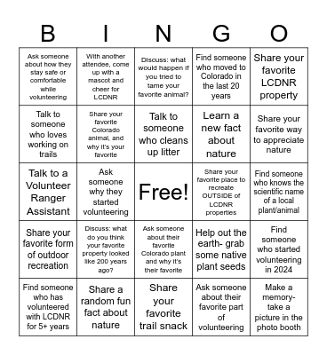 Larimer County Natural Resources Volunteers Bingo Card