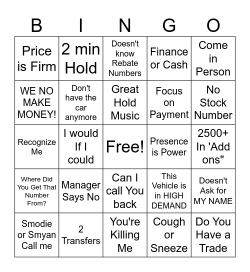 Car Negotiation Stream Bingo Card