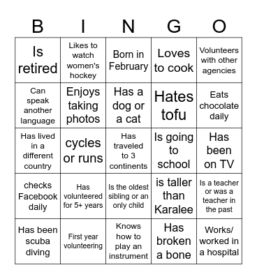 Volunteer BINGO Card