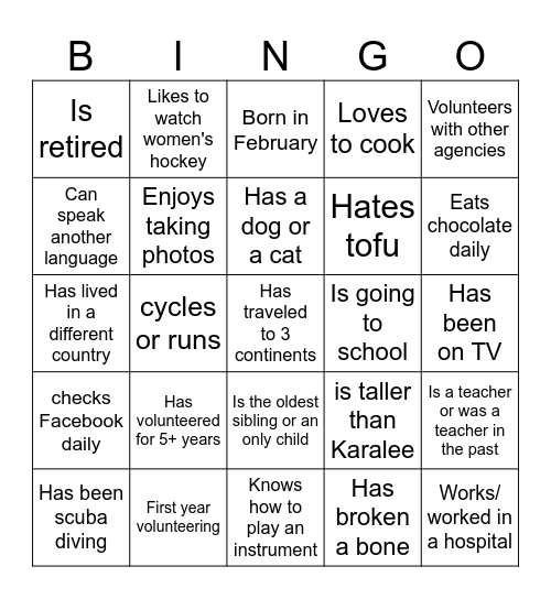 Volunteer BINGO Card