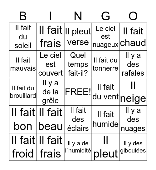 Quel temps fait-il? Bingo Card