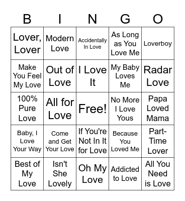 MUSIC BINGO - "LOVE" SONGS Bingo Card