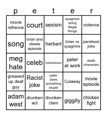 family guy bingo Card